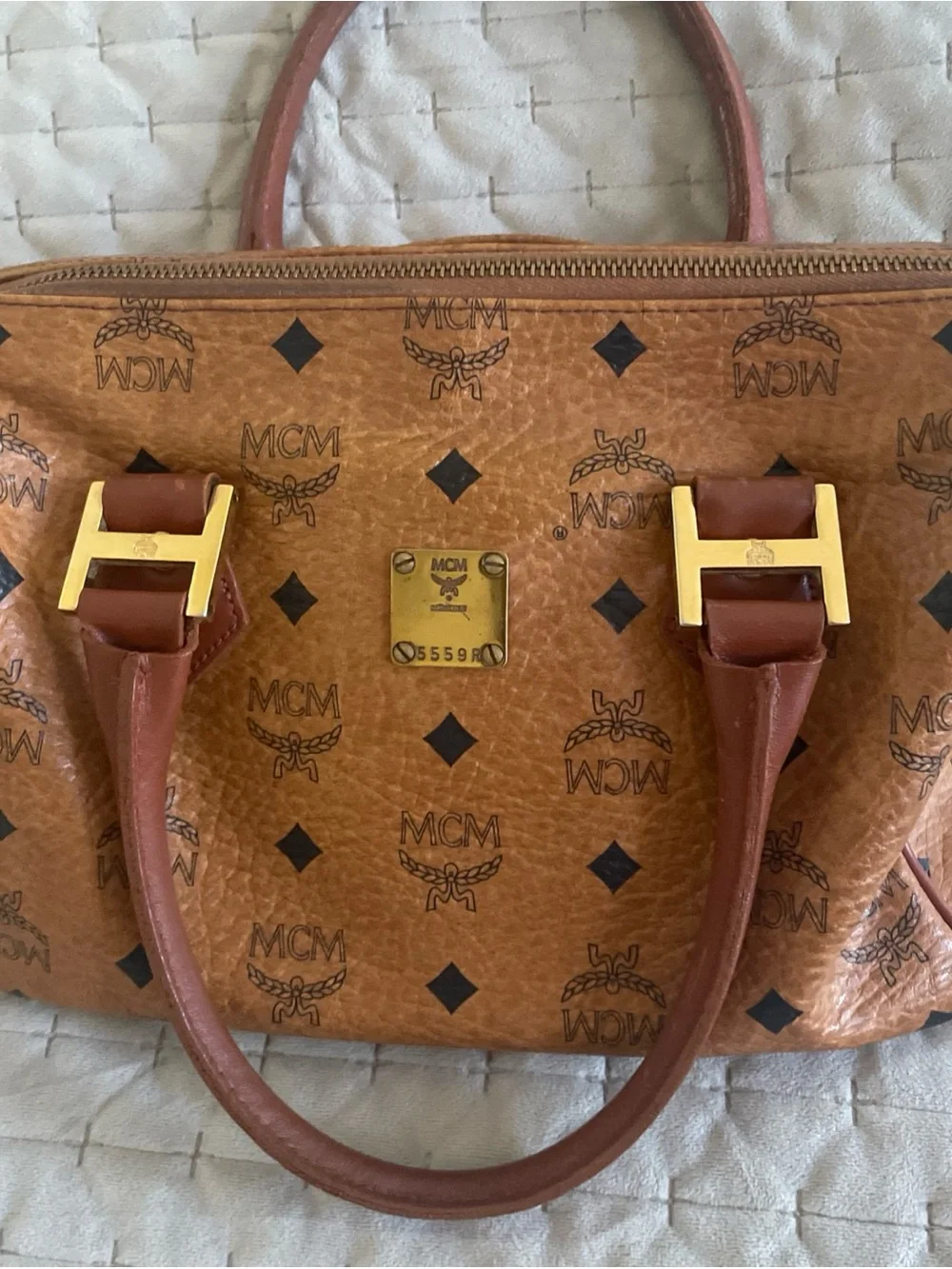 MCM Cognac Visetos Monogram Satchel with Brown Leather Handles
